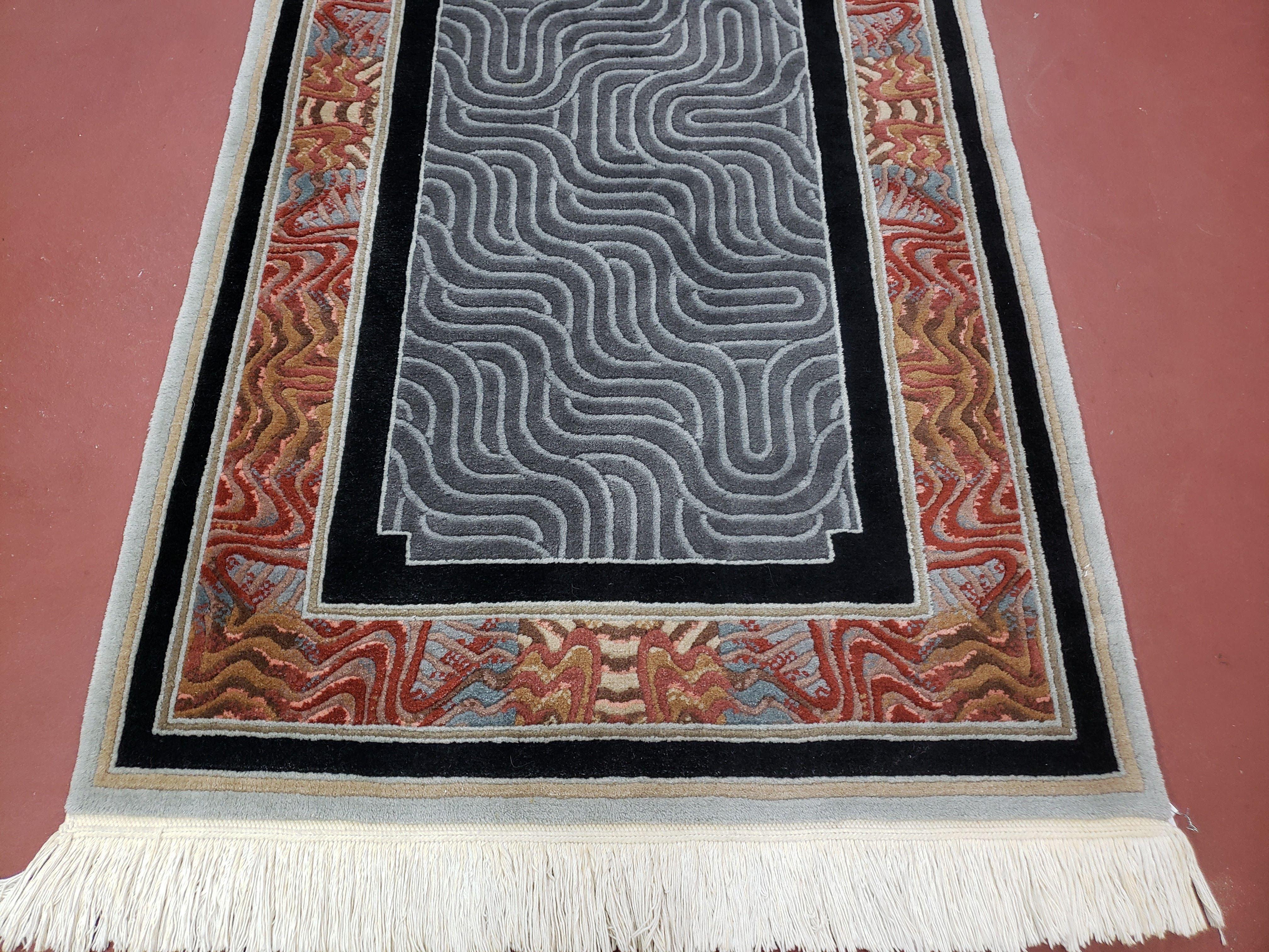 Vintage Chinese Art Deco Accent Rug 3x5, Wool Hand-Knotted, Black & Slate Gray Modern Abstract Asian Oriental Carpet, 3 x 5 Foyer Room Rug - Jewel Rugs