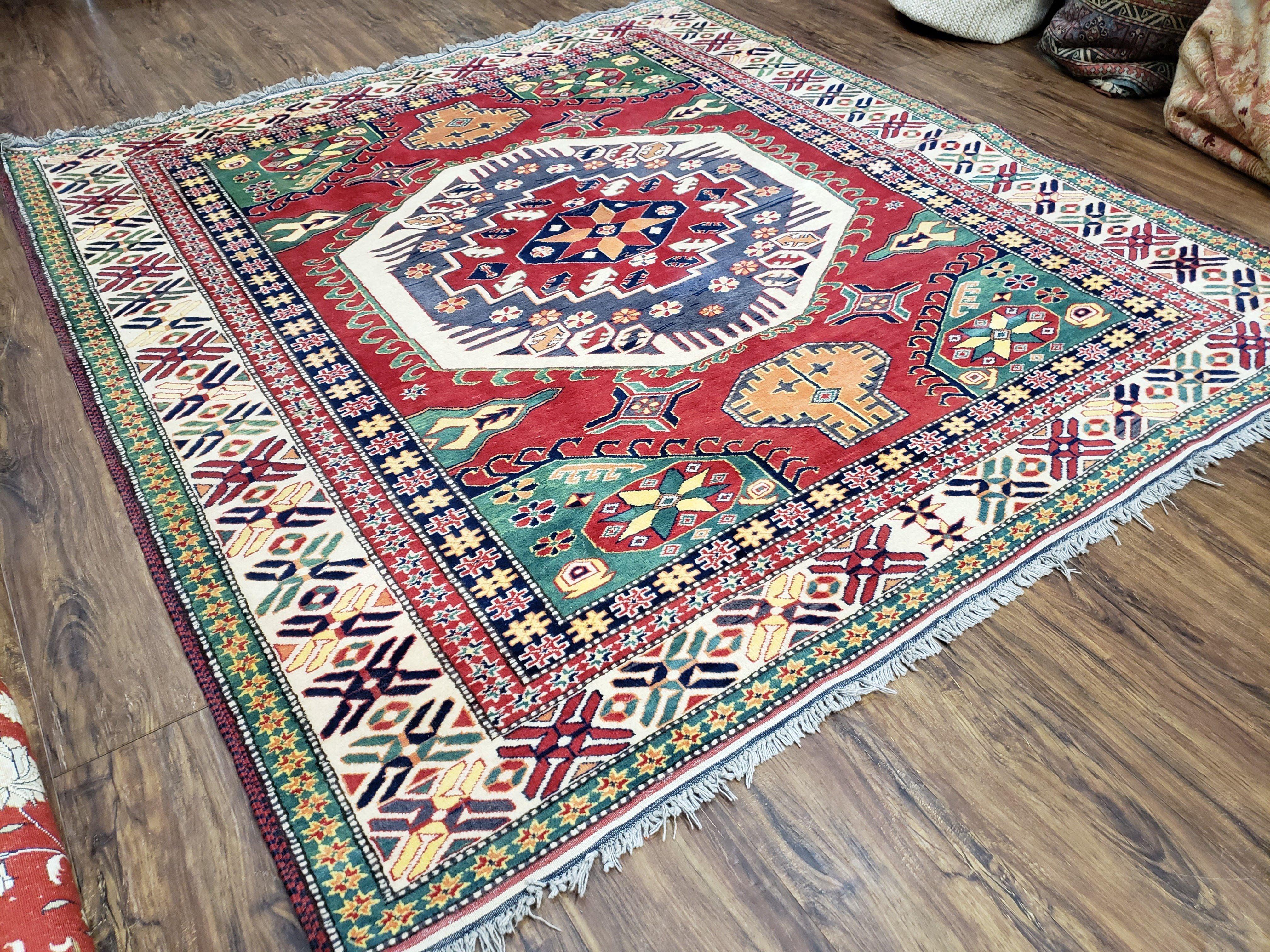 Vintage Turkish Kazak Area Rug, 6ft Square Rug, 6x6 Square Oriental Carpet, Hand-Knotted, Wool, Bold Colors, Red Blue Green, Geometric Rug - Jewel Rugs