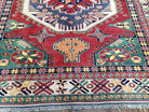 Vintage Turkish Kazak Area Rug, 6ft Square Rug, 6x6 Square Oriental Carpet, Hand-Knotted, Wool, Bold Colors, Red Blue Green, Geometric Rug - Jewel Rugs