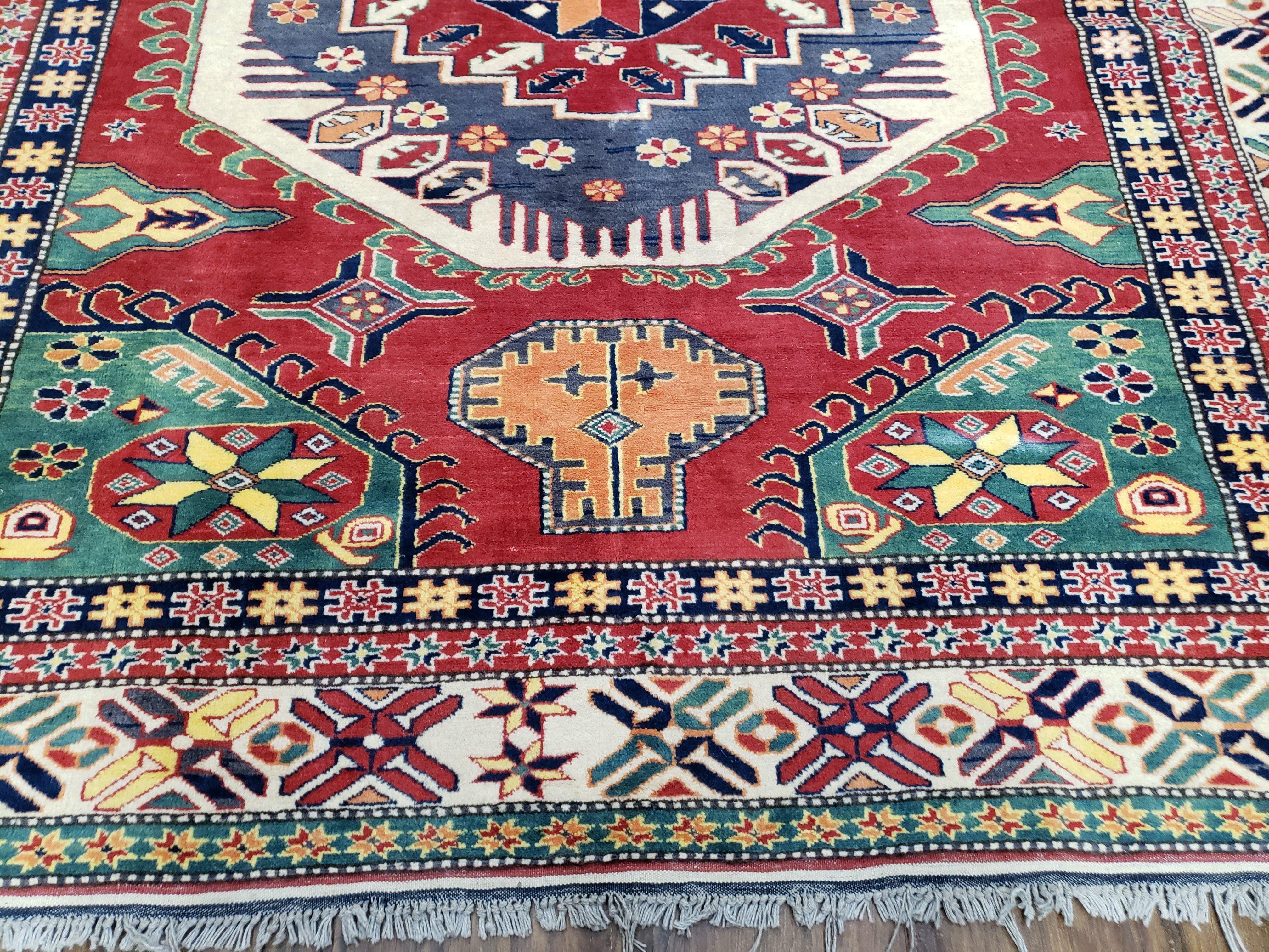 Vintage Turkish Kazak Area Rug, 6ft Square Rug, 6x6 Square Oriental Carpet, Hand-Knotted, Wool, Bold Colors, Red Blue Green, Geometric Rug - Jewel Rugs