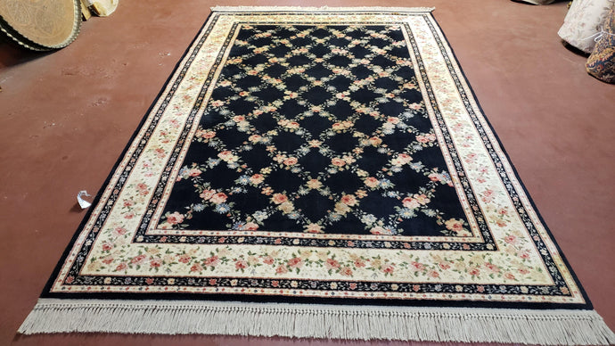 6x9 Karastan Rug, Garden of Eden Collection, 5.9 x 9 Karastan Carpet, Ebony Trellis Pattern 509/1270, Black Wool USA Vintage Area Rug - Jewel Rugs