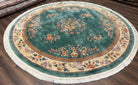 9ft Round Chinese Wool Rug, Vintage 1960s Chinese Dragon Carpet, 9x9 Round Rug, Green and Cream Floral Rug, Soft Plush Pile 90 Line Floral - Jewel Rugs