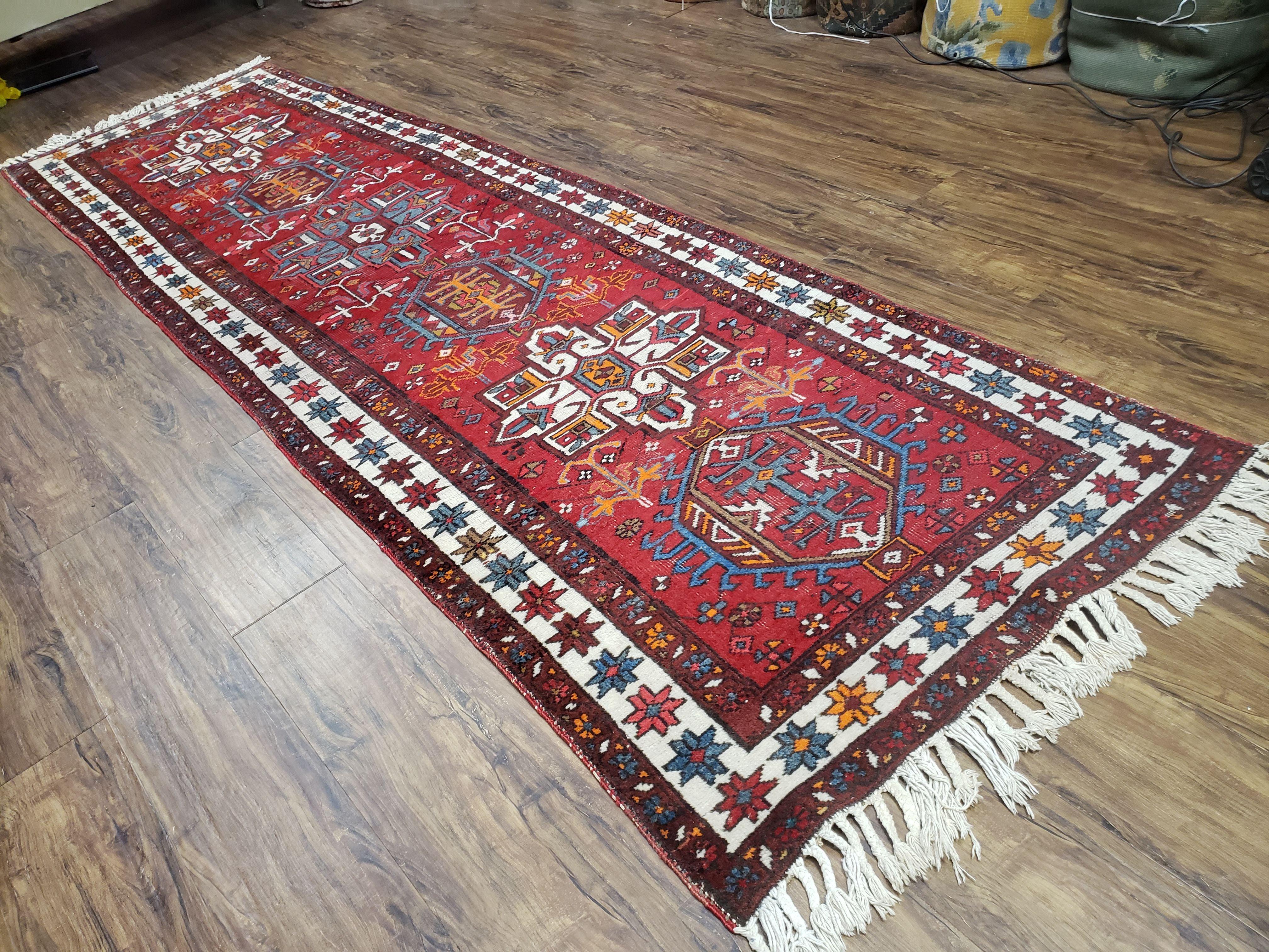 Antique Persian Heriz Karajeh Runner Rug, Red, Hand-Knotted, Wool, 3' 3" x 10' 11" - Jewel Rugs