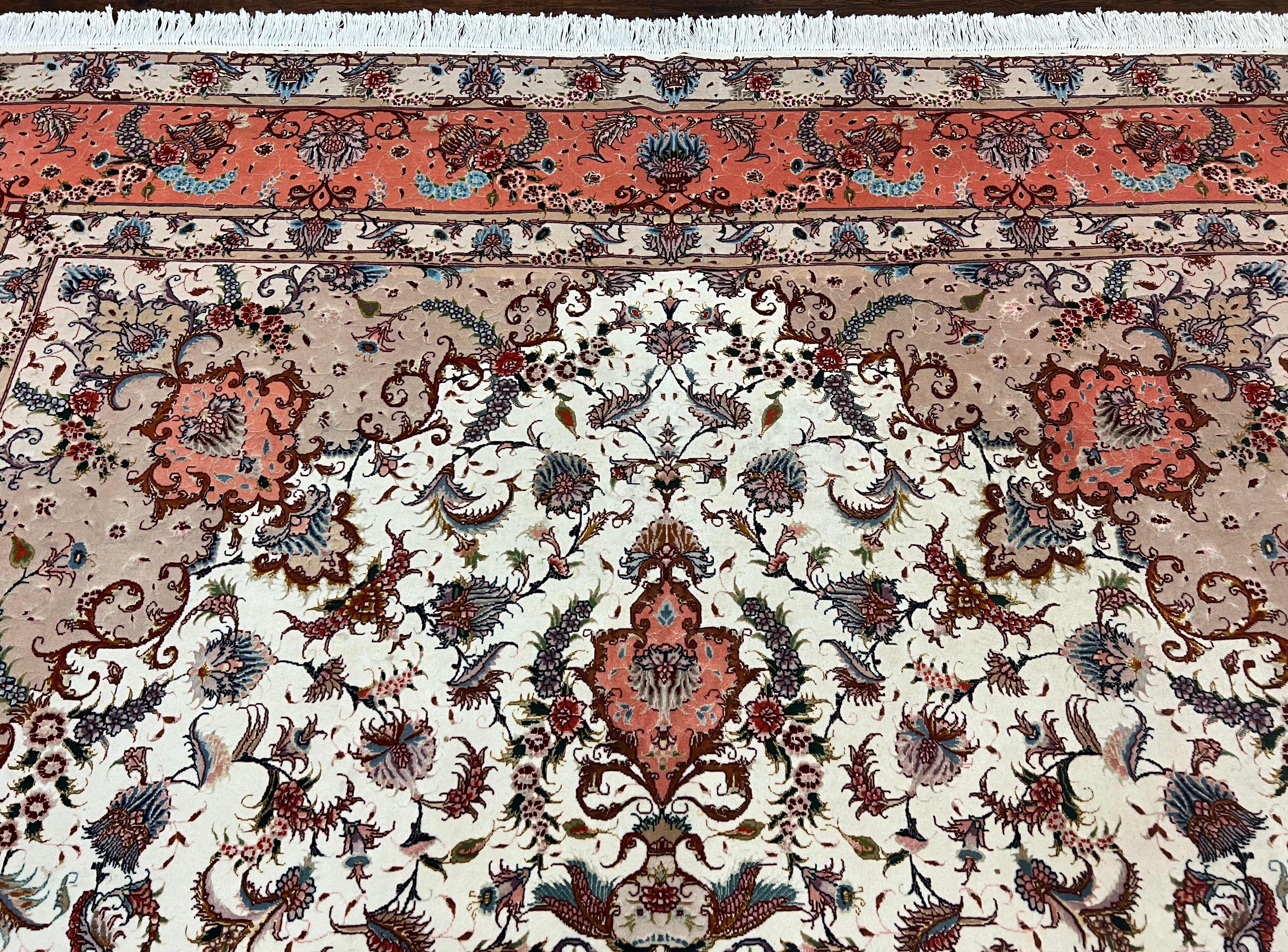 Wonderful Persian Tabriz Rug 9x12, Floral Medallion, Ivory and Salmon Red, Hand Knotted, Wool with Silk Accents, Very Fine Vintage Oriental Carpet - Jewel Rugs