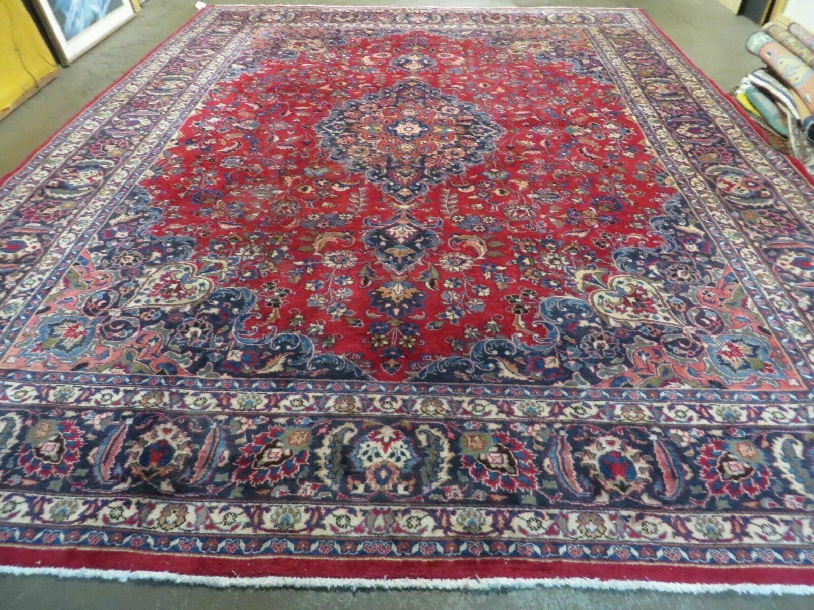 Signed Persian Mashad Rug 10x13 Oriental Carpet, Semi Antique Rug 10 x 13 Vintage Rug, Hand Knotted, Traditional, Red Blue Cream, Medallion Allover - Jewel Rugs