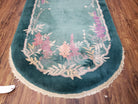 Oval Chinese Peking Rug, Teal Chinese Rug, Antique Art Deco Rug, Nichols Rug Oval, 3' x 5' 9", Teal and Green with Flowers, Wool, Handmade - Jewel Rugs