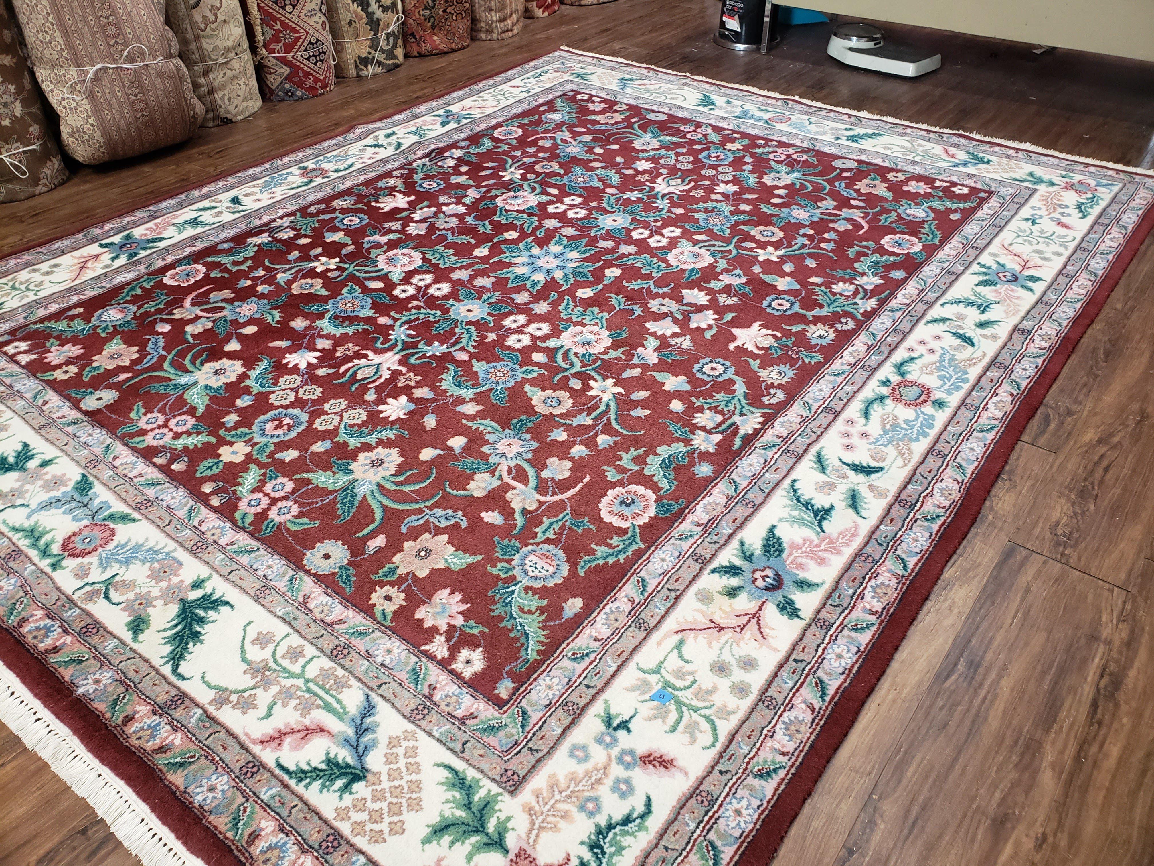 Indo Persian Rug 7.9 x 9.9 ft, Room Sized Indian Carpet, Wool Handmade Vintage Rug, Allover Floral Rug, Traditional Rug, Red Ivory Blue 8x10 - Jewel Rugs