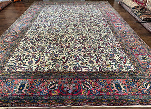 Rare Room Sized Persian Kirman Lavar Rug 10x15, Antique 1920s Persian Carpet, Allover Floral Design, Cream Red Blue, Highly Detailed, Wool - Jewel Rugs