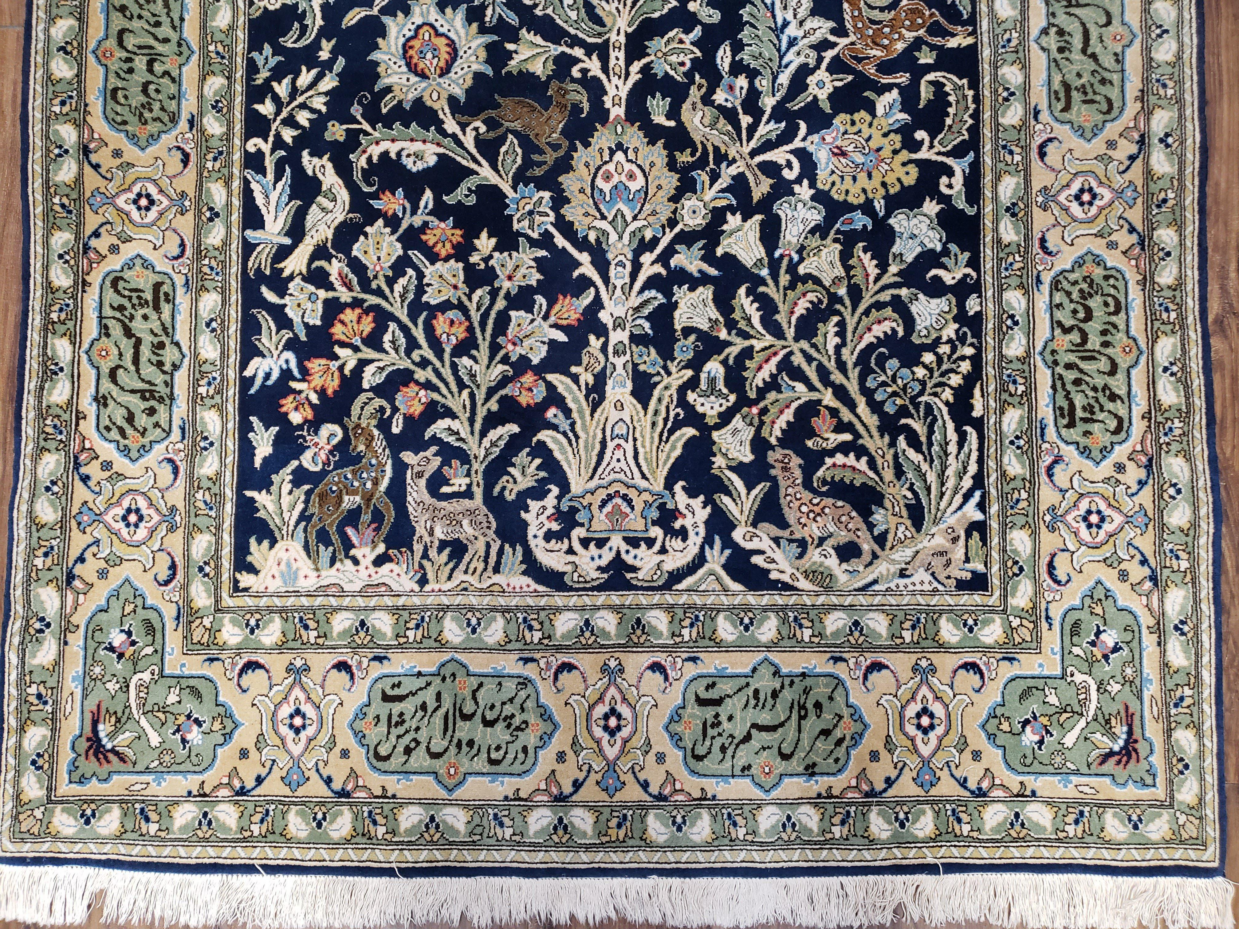 Semi Antique Persian Qum Tree of Life Rug, Hand-Knotted, Wool, Midnight Blue and Tan, Animal Pictorials, Written Poem in Borders, 4' 8" x 7' 8" - Jewel Rugs