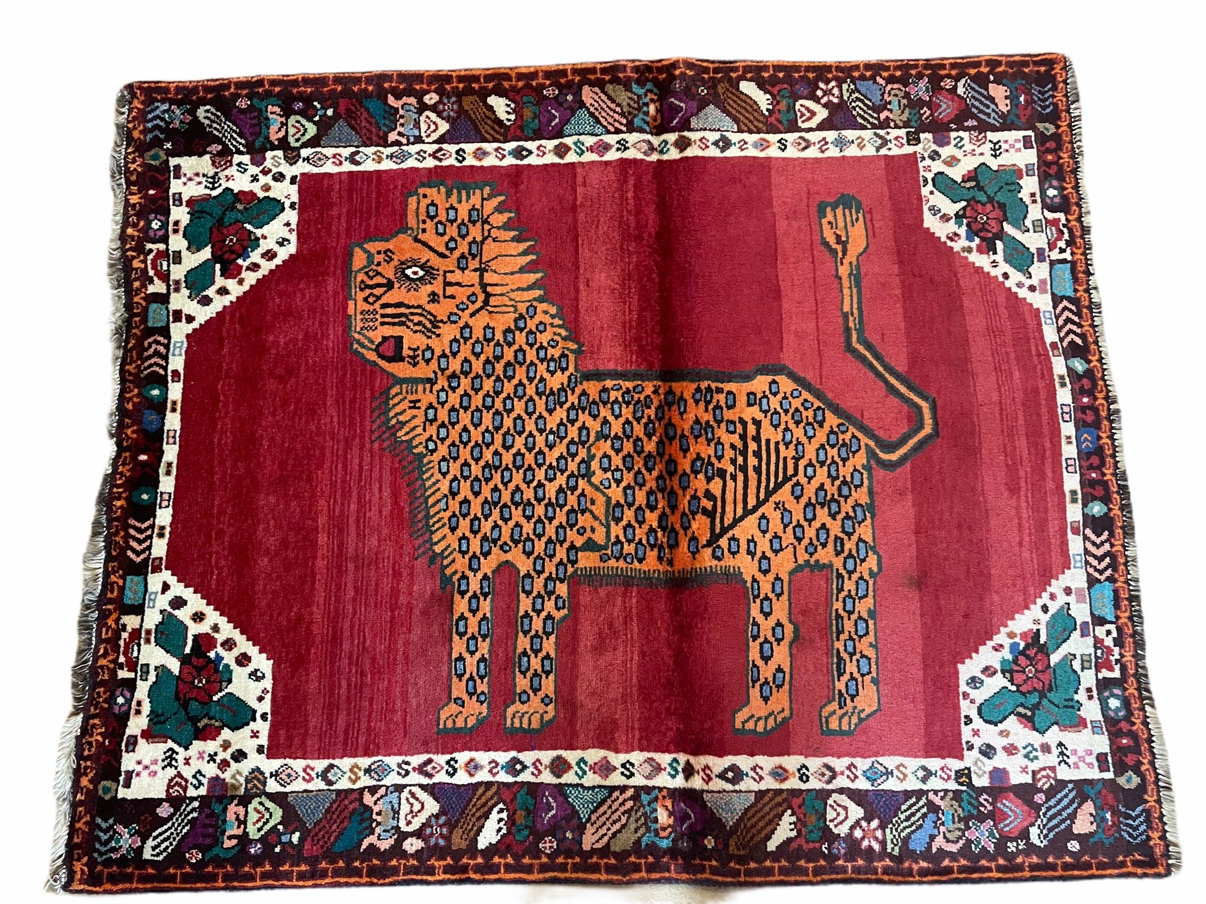 Antique Persian Gabbeh Wool Rug 4x5, Lion Pictorial Rug, Red Orange Black, Hand Knotted Handmade Vintage Gabbeh Carpet 4 x 5 ft, Tribal Rug - Jewel Rugs