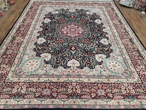 Indo Persian Rug 7.9 x 9.9 ft, Black Room Sized Indian Kirman Rug, Allover Floral Medallion, Traditional Oriental Carpet, Handmade Vintage - Jewel Rugs
