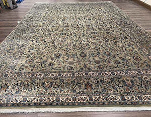 Persian Kashan Rug 10x15 with Signature, Antique Persian Carpet 10 x 15 ft Oriental Rug, Vintage Rug, Gray Ivory Blues Large Handmade Wool Area Rug - Jewel Rugs