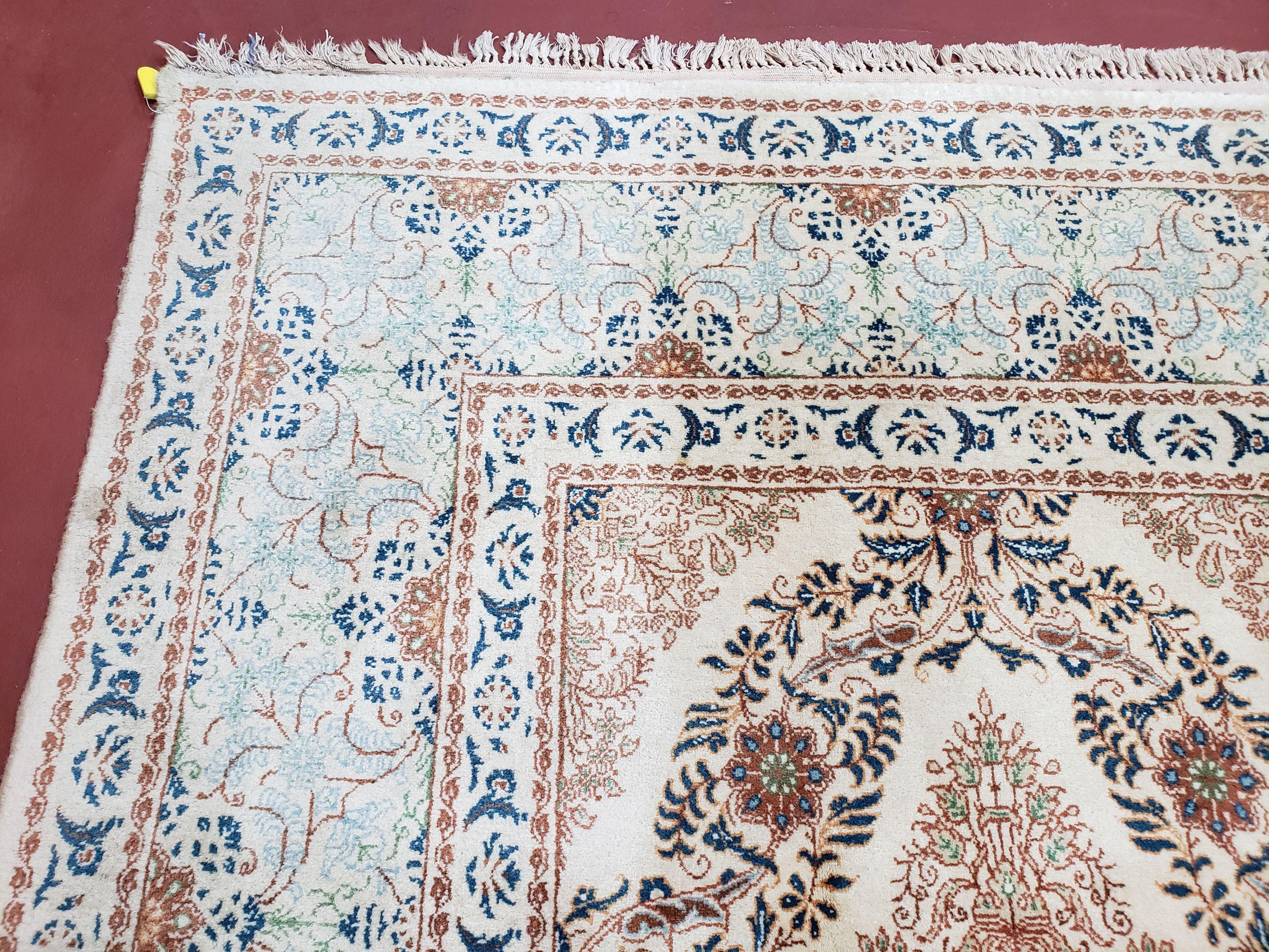 Fine Antique Persian Light Colored Kashan Carpet, 7x12, Top Quality, Rare, Ivory & Blues, Hand-Knotted, Wool - Jewel Rugs