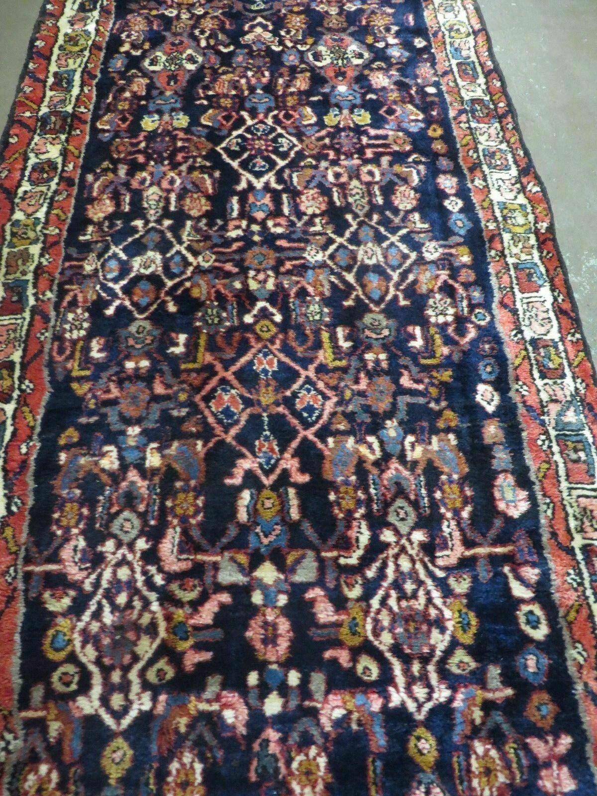 Persian Runner Rug 3.3 x 9.7, Antique Persian Hamadan Dargazine Runner, Wool Hand Knotted Oriental Tribal Runner for Hallway/Kitchen, Navy Blue Cream Red, Herati Pattern - Jewel Rugs