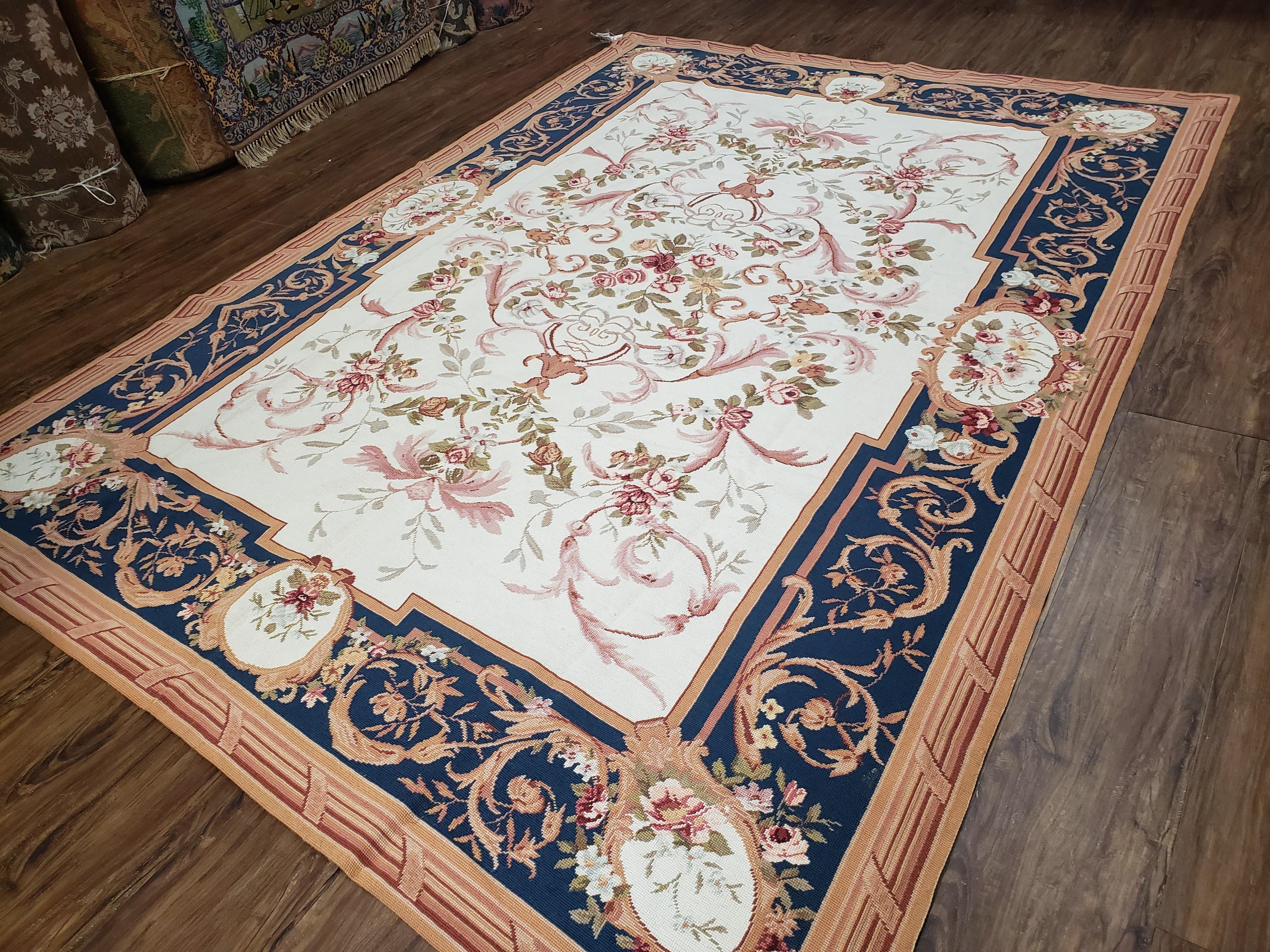 Chinese Aubusson Savonnerie Area Rug 6x8, Vintage Hand-Woven Needlepoint Rug, Flat Weave Handmade Wool Carpet Living Room Ivory & Navy Blue - Jewel Rugs