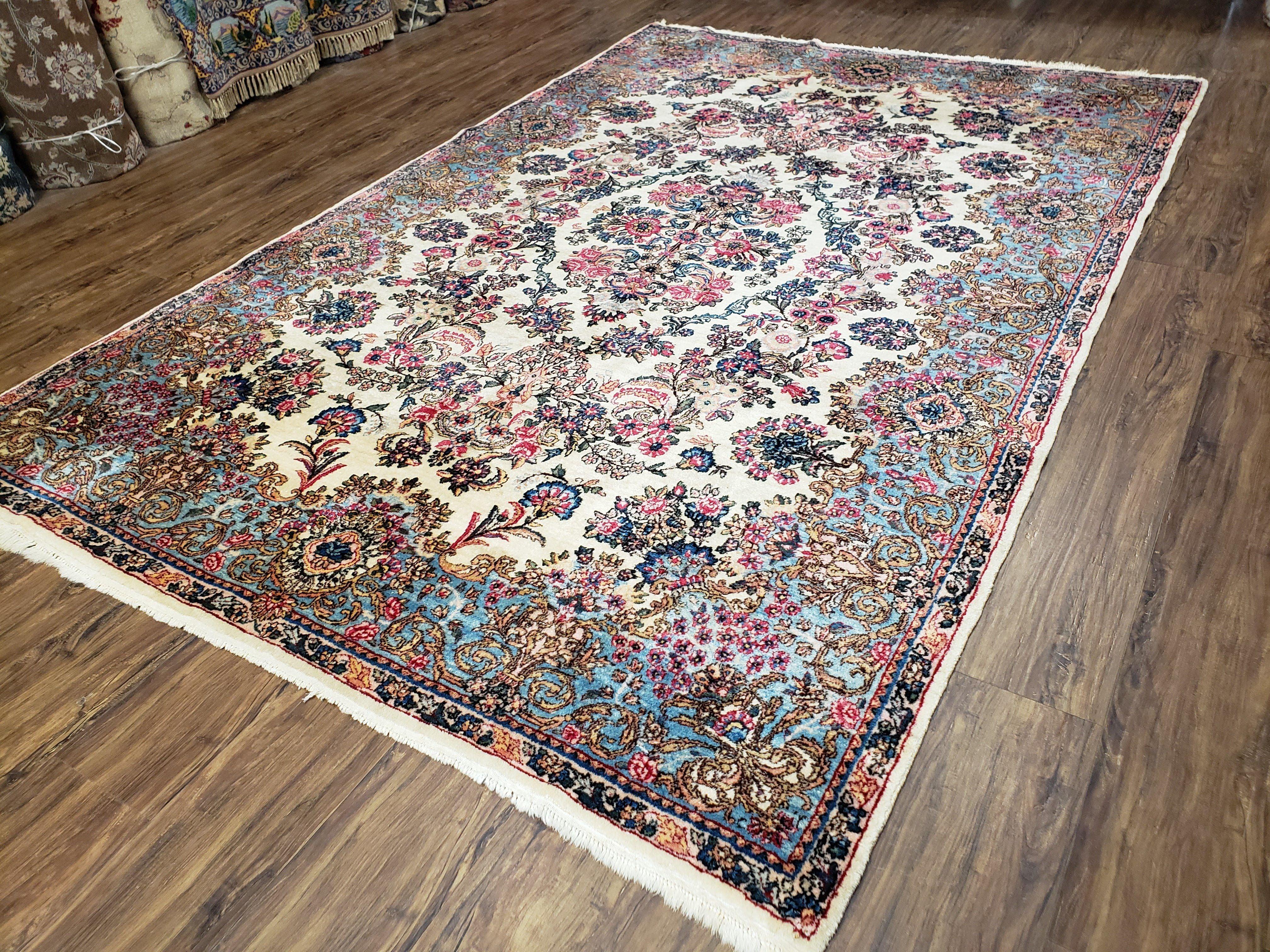 Antique Persian Kirman Rug, Ivory - Light Blue - Rose, Hand-Knotted, Wool, 5' 11" x 8' 11" - Jewel Rugs