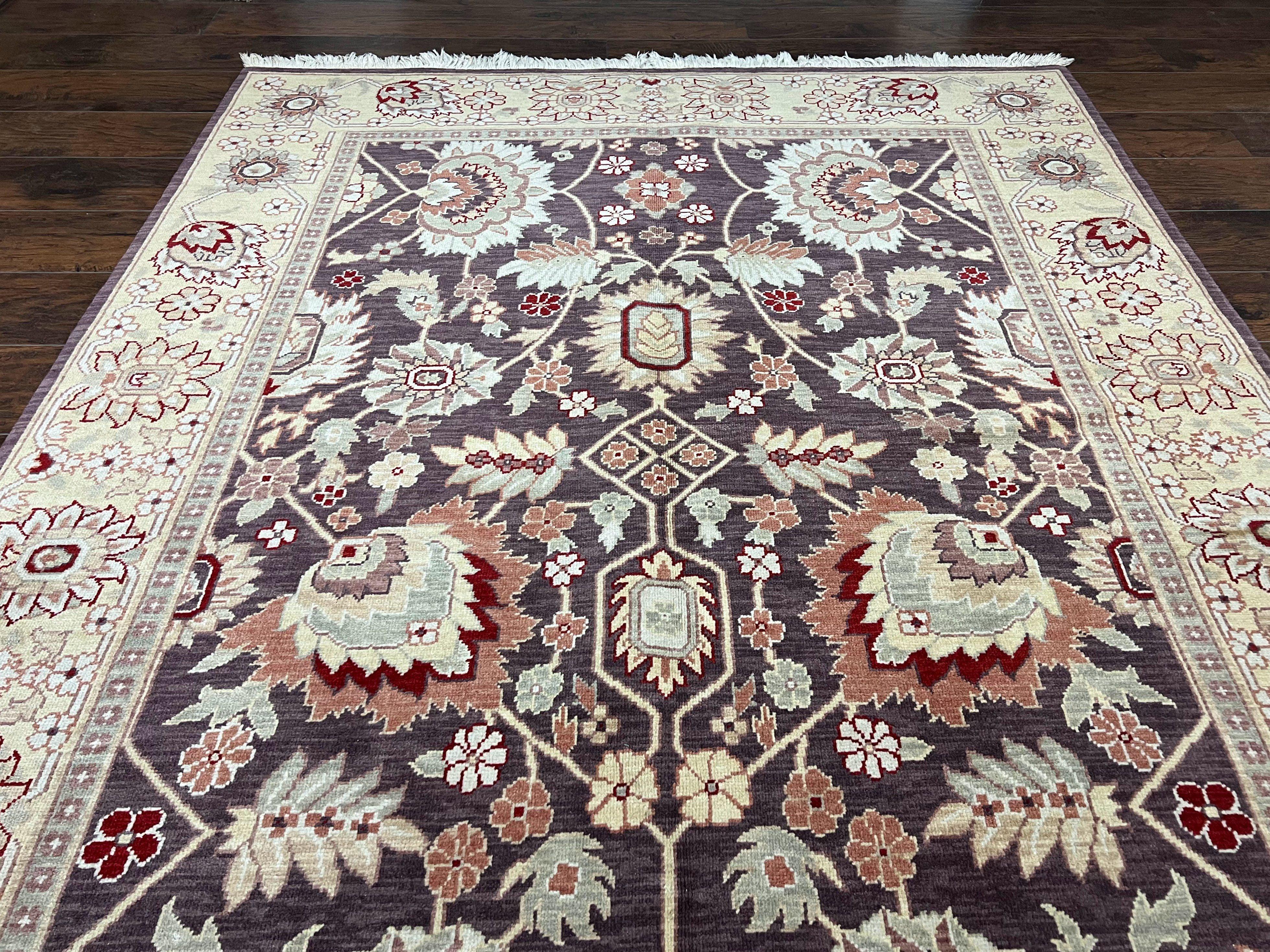 Vintage Indo Mahal Area Rug 6x9, Indian Persian Oriental Carpet 6 x 9, Puce Eggplant Tan Beige Rug, Hand-Knotted, Large Floral Design Wool - Jewel Rugs