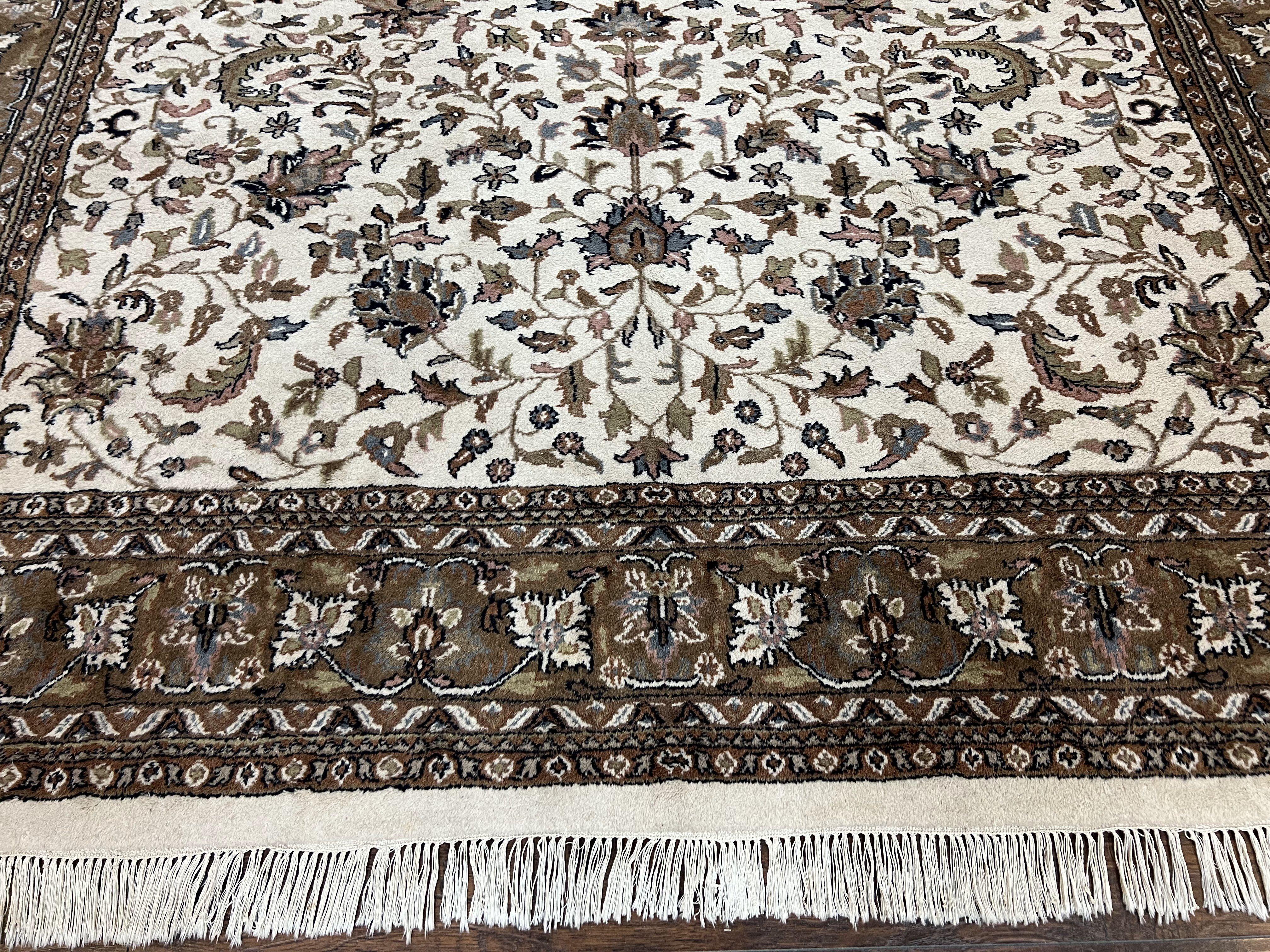 Indo Kirman Rug 8x12 Allover Floral Design, Ivory/Cream Brown, Vintage Handmade Hand Knotted Rug, Traditional Wool Persian Carpet 8 x 12 - Jewel Rugs