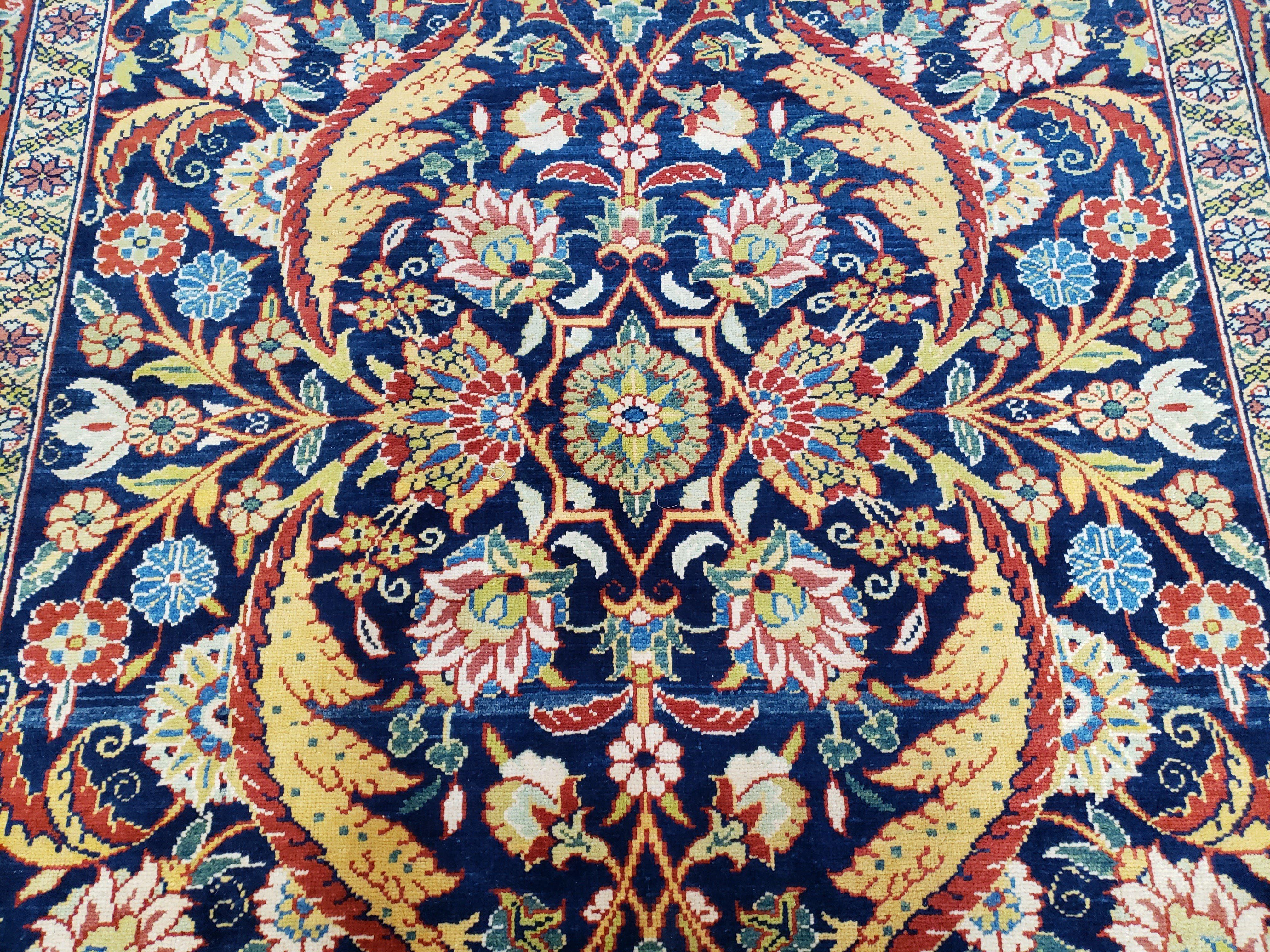 Square Turkish Mahal Rug 8 x 8.5, Colorful Square Carpet, Large 8ft Square Rug, Blue Red Yellow, Handmade Wool, Vintage, Large Flowers, Nice - Jewel Rugs