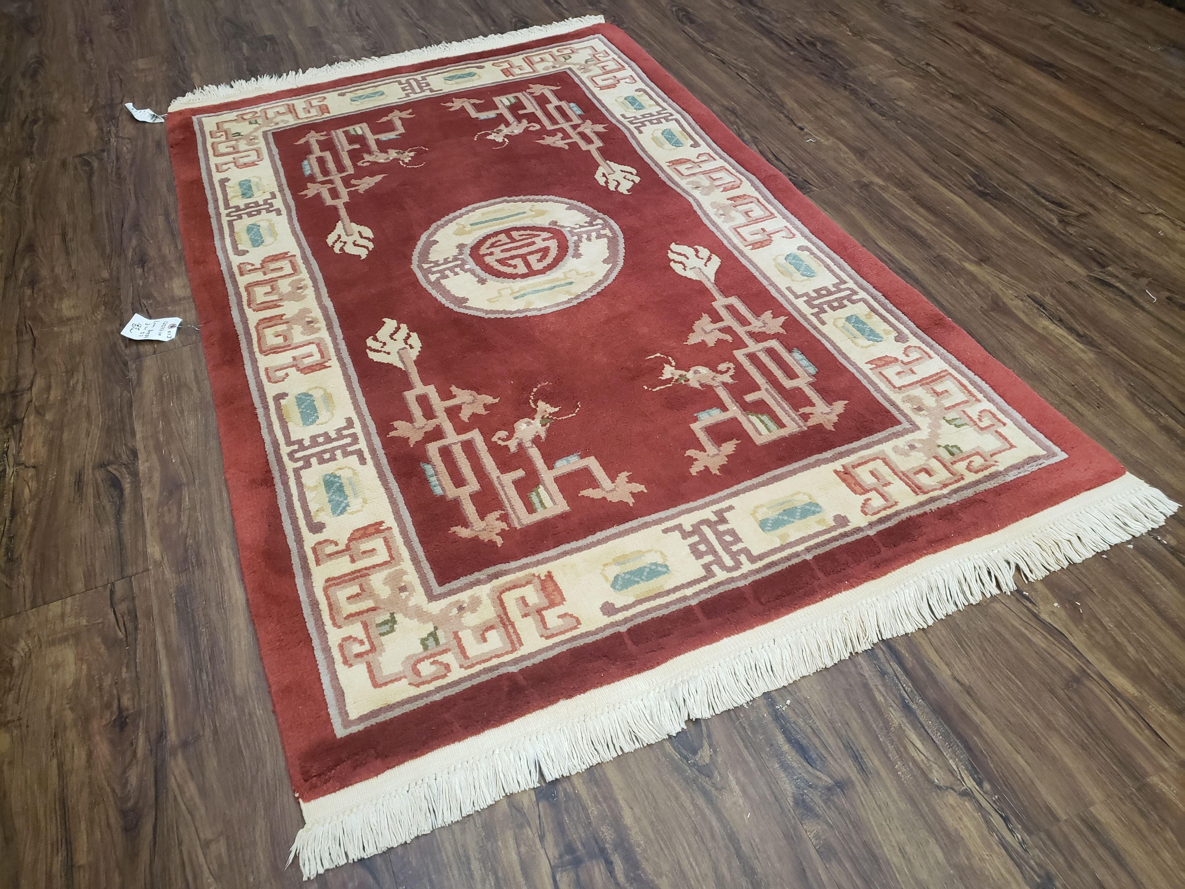 Vintage Chinese Area Rug 4x6, Hand-Knotted, Dark Red & Beige Chinese Asian Oriental Carpet, 3'6" x 5'7", Chinese Vases - Jewel Rugs