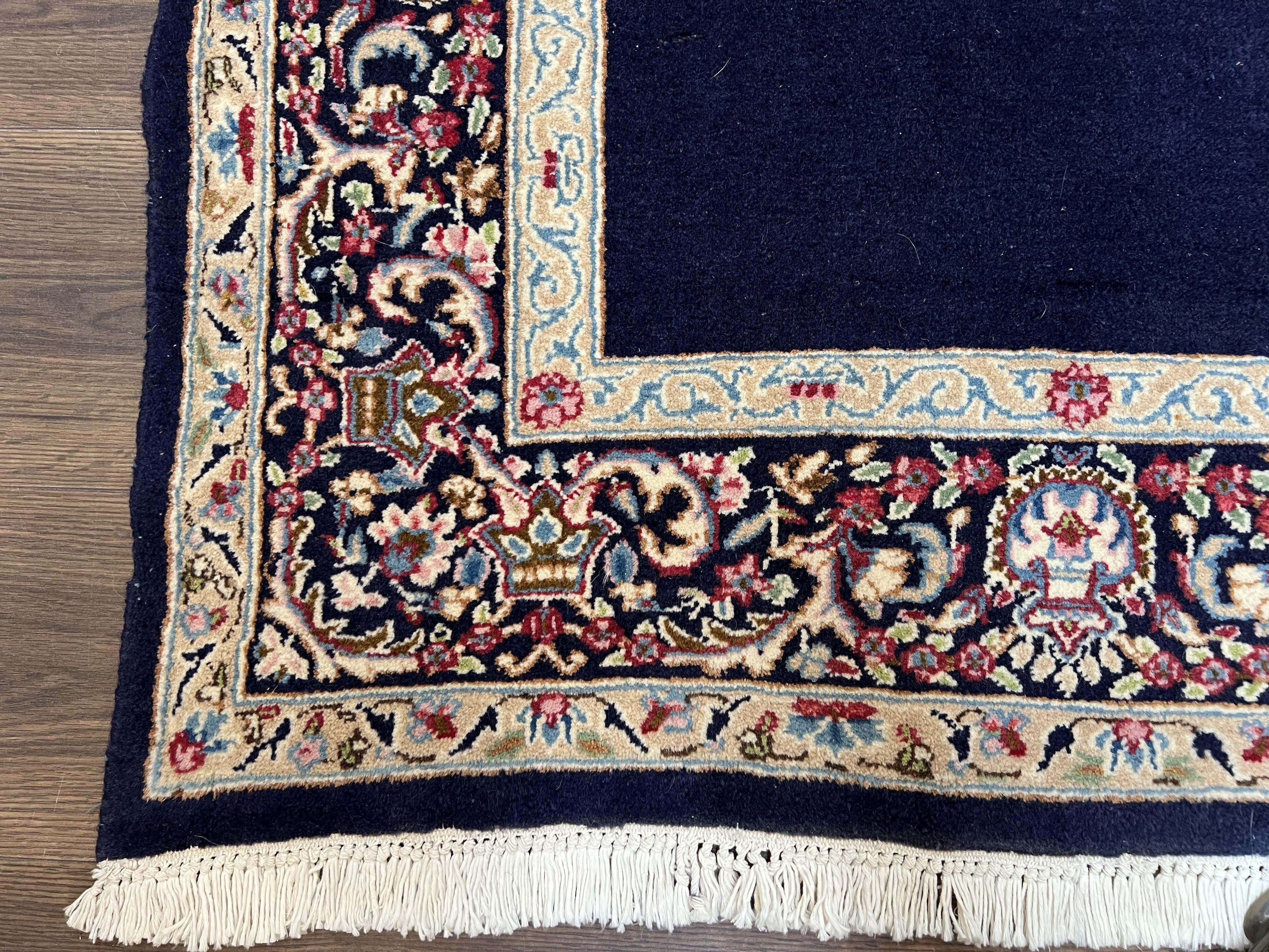 Persian Kirman Rug 5x8, Navy Blue and Beige, Persian Lion with Sword and Sun Motif, Hand Knotted Wool Fine Oriental Carpet, Semi Antique - Jewel Rugs