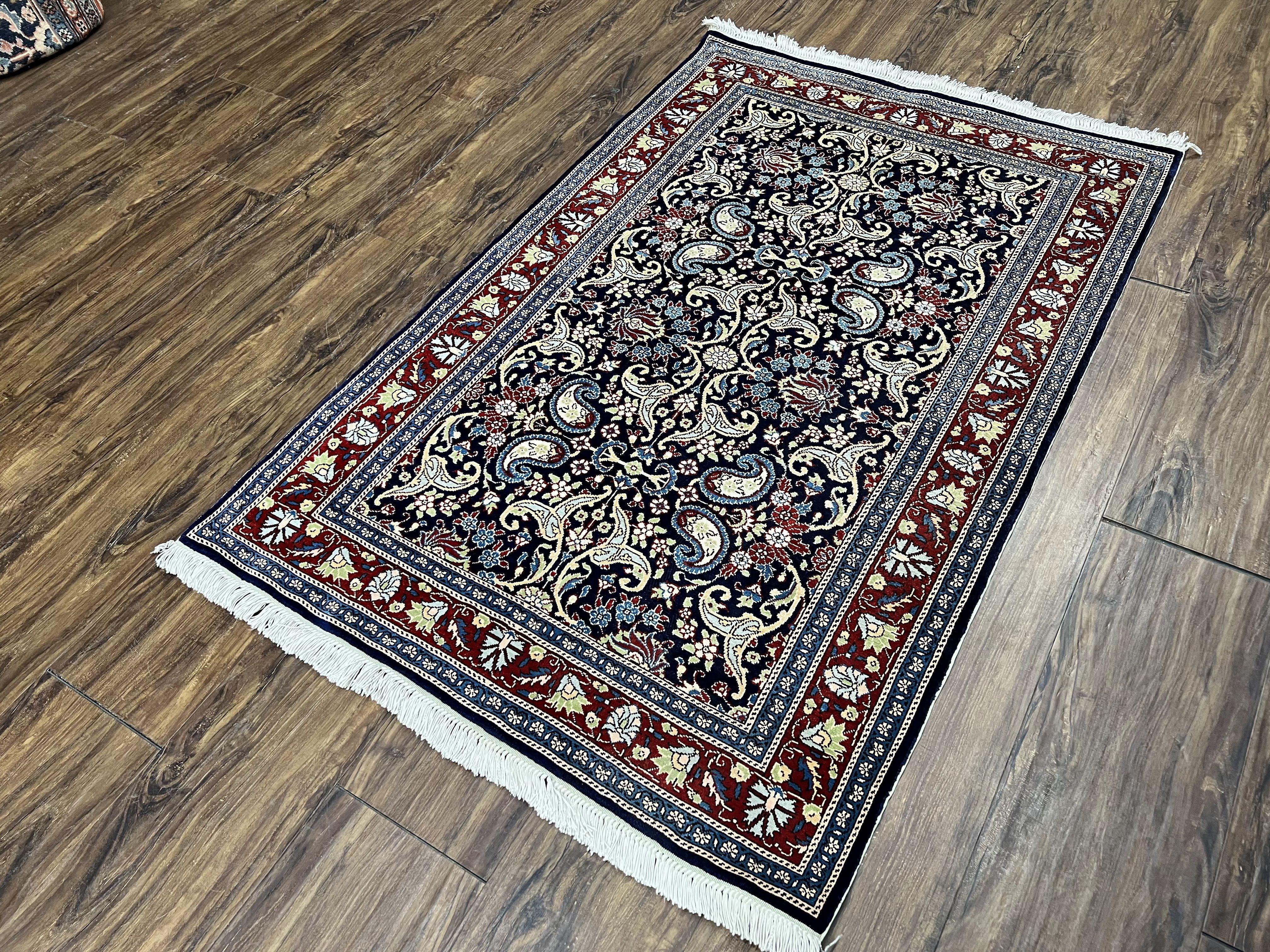 Turkish Silk Rug 3x4, Vintage Silk Carpet, Repeated Boteh Paisely Floral, Black Red Blue Fine Small Silk Rug 3 x 4 Hand Knotted Oriental Rug - Jewel Rugs