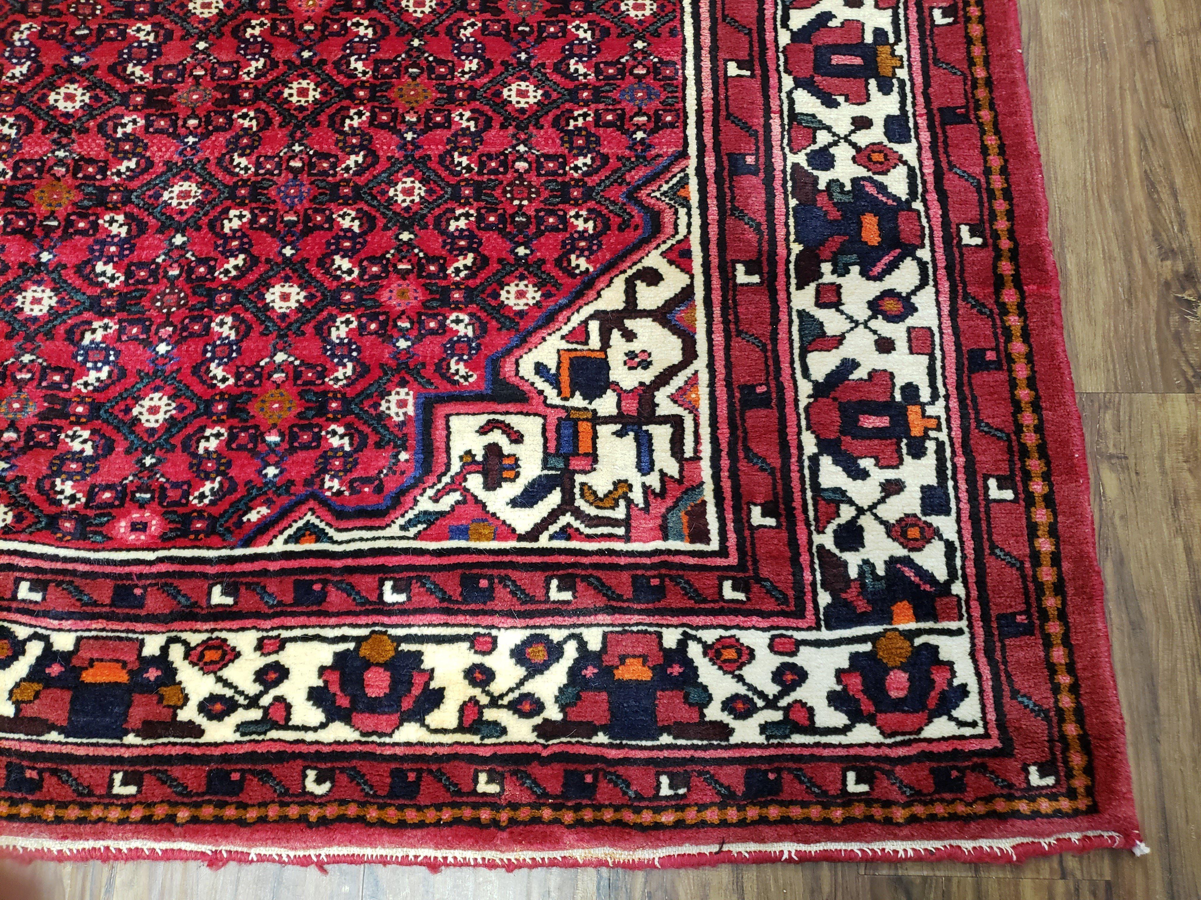 Vintage Persian Hamedan Rug, Angelas Mahi Pattern, Red, Wool, Hand-Knotted, 6'9" x 10' - Jewel Rugs