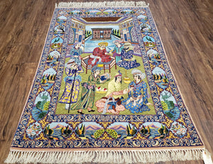 Semi Antique Persian Isfahan Pictorial Rug, Wool with Silk Foundation, Hand-Knotted, 3' x 5' - Jewel Rugs