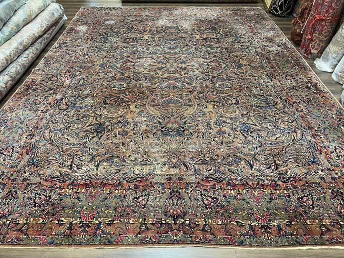 Stunning Persian Kirman Rug 11x15, Hand Knotted Wool Carpet, Large Antique Oriental Red Blue Area Rug 11 x 15 Allover Floral Palace Size Rug - Jewel Rugs