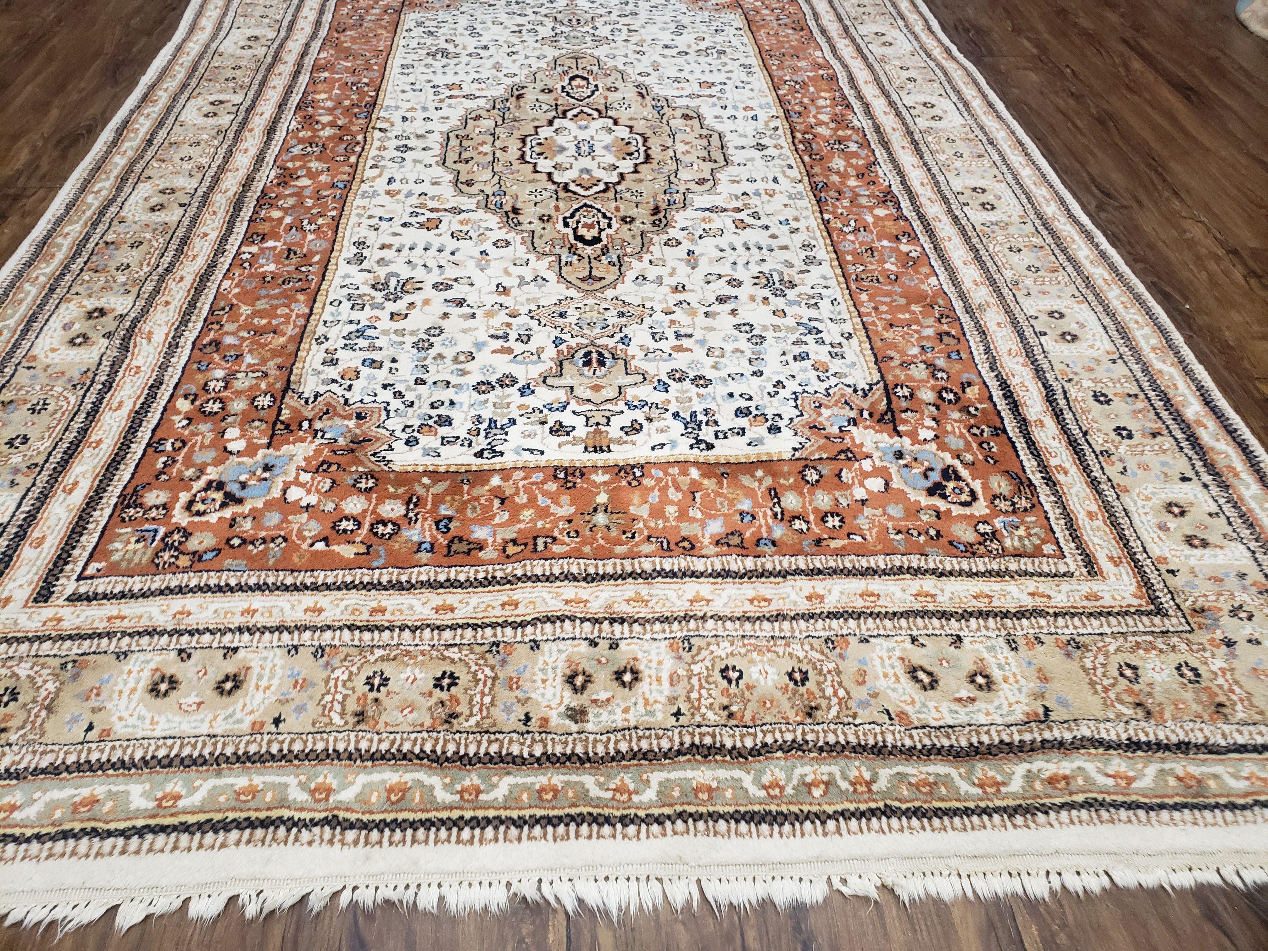6x9 Vintage Indo-Persian Area Rug, Wool Hand-Knotted Carpet, Ivory & Squash Orange, Floral Medallion Tribal Rug, Indian Carpet, Decorative - Jewel Rugs