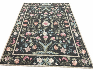 Black Aubusson Needlepoint Rug 9x12, Flatweave Carpet Floral Pattern, Flowers, European Design, Handmade Hand-Knotted Hand-Woven, Brand New - Jewel Rugs