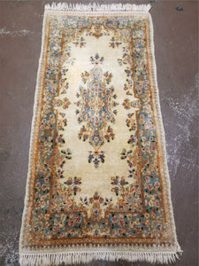 Small Persian Kirman Rug 2x4, Wool Oriental Vintage Handmade Carpet 2 x 4 ft, Hand Knotted Floral Medallion Cream and Light Blue Rug