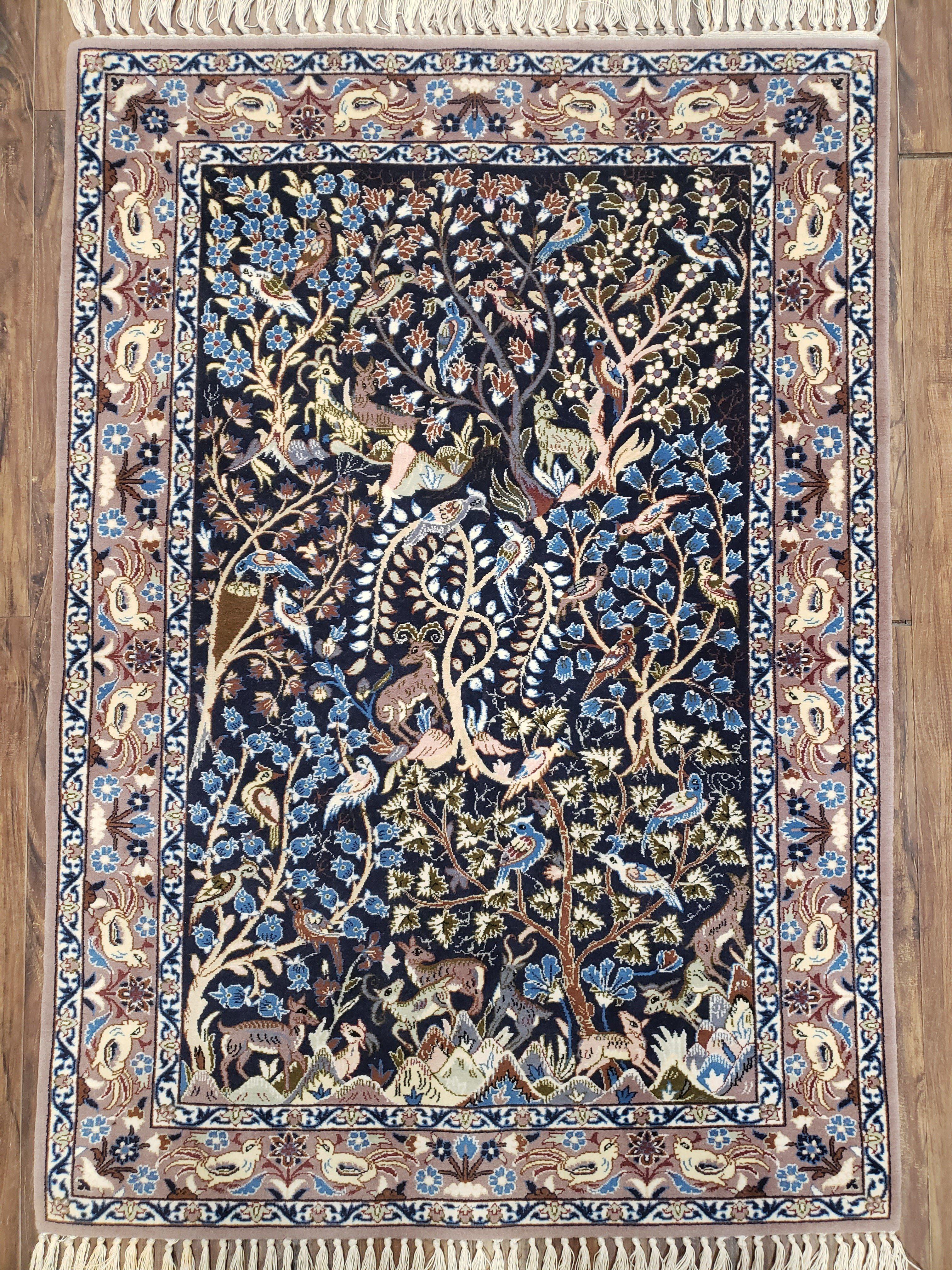 Semi Antique Persian Isfahan Rug, Hand-Knotted, Tree of Life Pattern with Animal Motifs, Dark Blue and Taupe, Kork Wool on Silk Foundation, 2'4" x 3'5" - Jewel Rugs