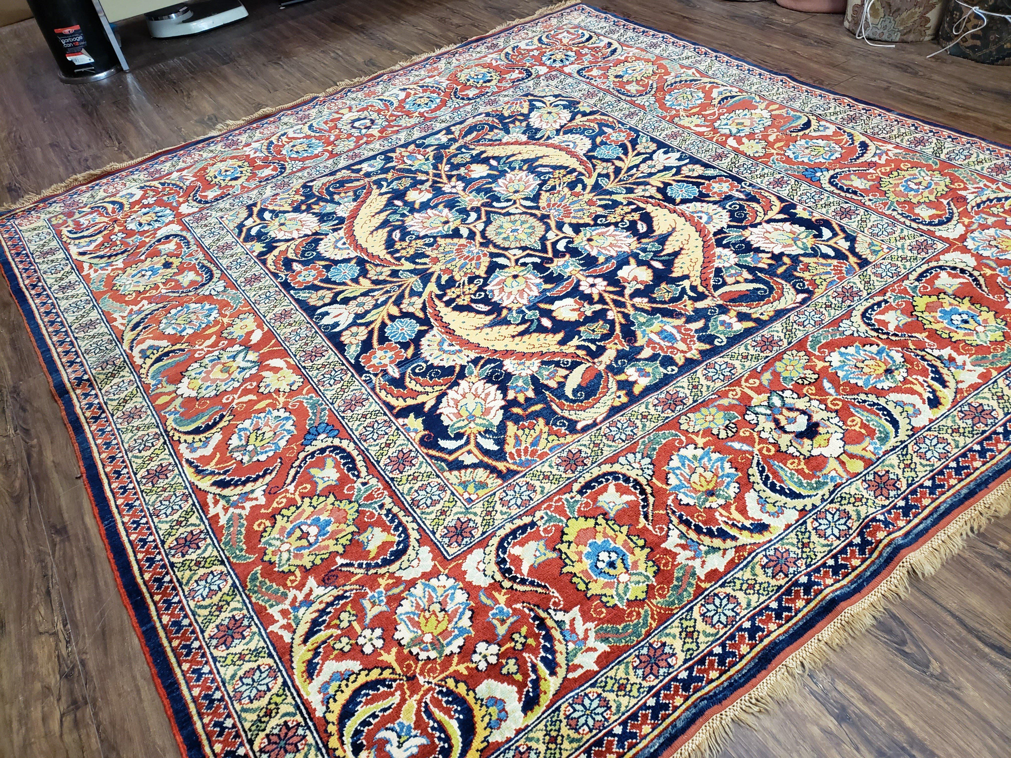 Square Turkish Mahal Rug 8 x 8.5, Colorful Square Carpet, Large 8ft Square Rug, Blue Red Yellow, Handmade Wool, Vintage, Large Flowers, Nice - Jewel Rugs