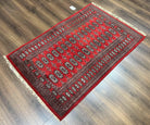 Pakistani Bokhara Rug 3x5, Red Turkoman Carpet 3 x 5 ft, Hand Knotted Wool Vintage Tribal Bohemian Rug, Elephant Foot Motif, Handmade Nice - Jewel Rugs