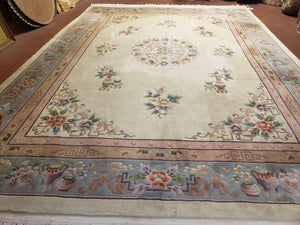 9x12 Chinese Rug 9 x 12 Art Deco Carpet 90 Line Ivory Beige Traditional Chinese Rug Flowers Room Sized Hand Knotted 100% Wool Pile Vintage - Jewel Rugs