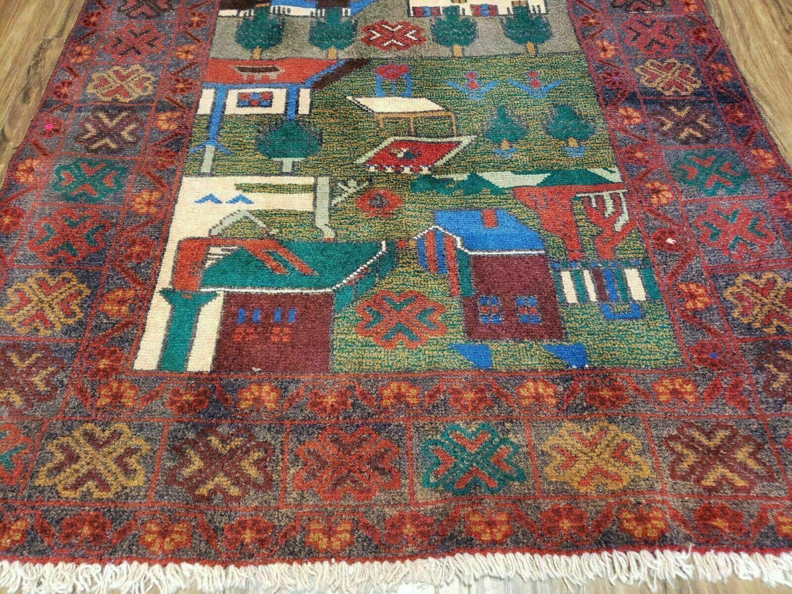 3' 2" X 6" Handmade Afghan Balouch Tribal Wool War Rug Tank Helicopter Tree Wow - Jewel Rugs