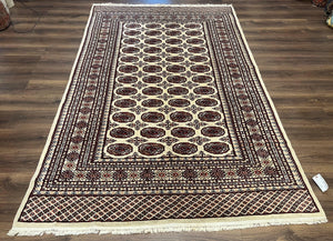 Pakistani Turkoman Rug 6x9, Cream and Red Hand Knotted Wool Oriental Carpet, Yamud Rug, Tribal Rug 6 x 9, Bohemian Area Rug, Bokhara Rug - Jewel Rugs