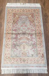 Teal & Beige Small Silk Rug, Flowers, Vase, Detailed, Super Fine, Silk-on-Silk Accent Rug, New Oriental Carpet 2.8 x 4.1, Bamboo Silk - Jewel Rugs