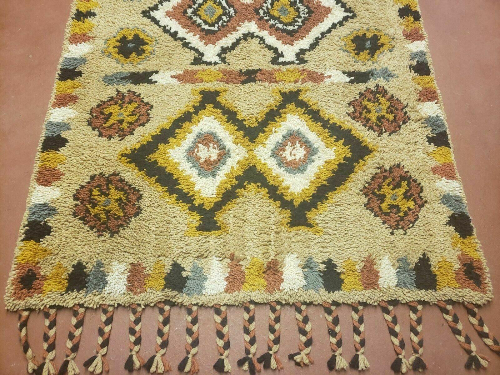 Portuguese Rya Style Shag Rug Moroccan Design, 4x6 Vintage Colorful Geometric Rug, Handmade Wool Gold Tan, Soft Pile Rug - Jewel Rugs