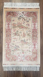 2x3 Silk Carpet, Small Hunting Rug, Hunting Scene, Tan Cream Brown Rug, Bamboo Silk Tapestry Wall Hanging Rug, Horses, New - Jewel Rugs