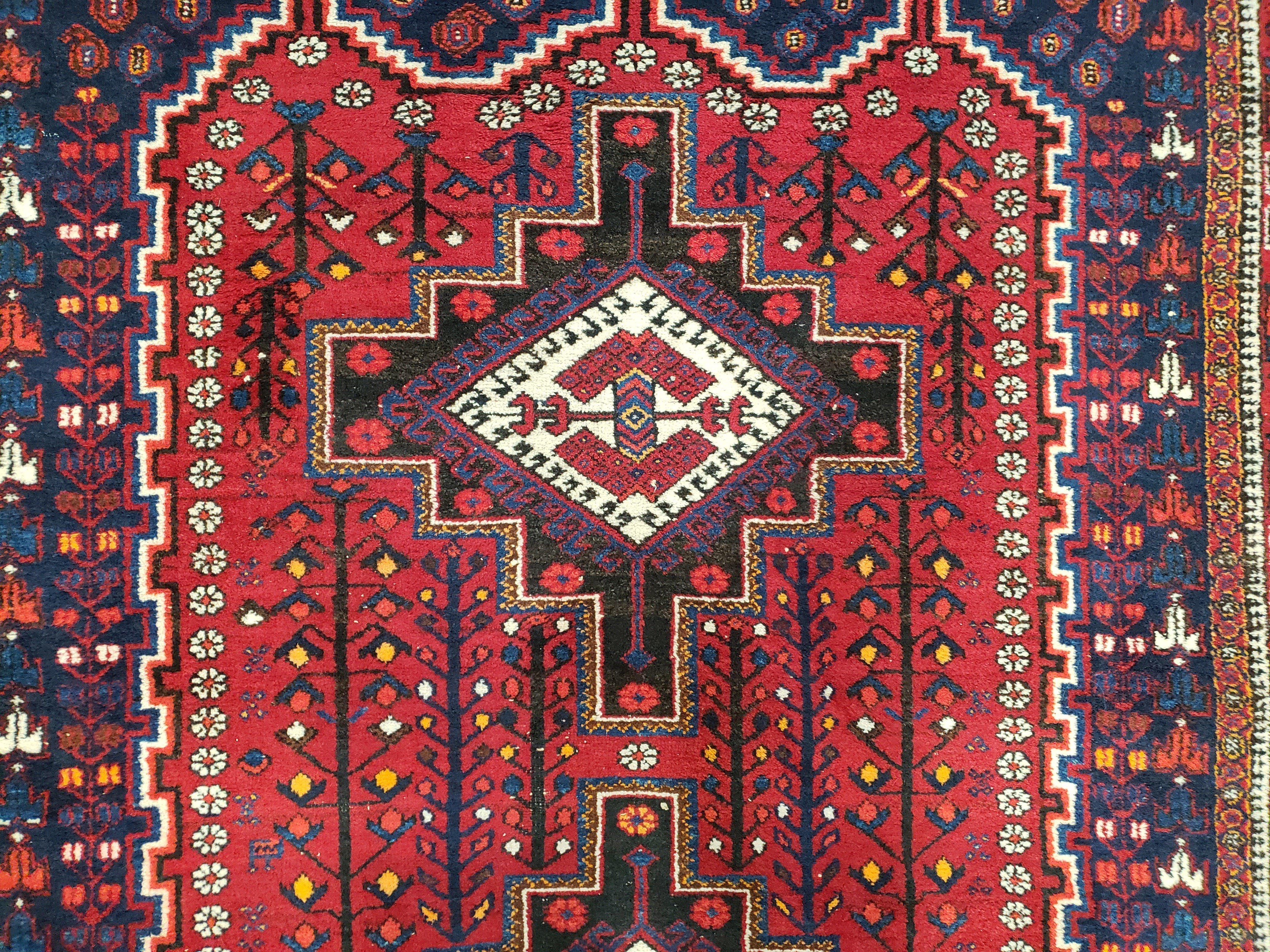 Antique Persian Shiraz Tribal Rug, Afshar Design, Double Medallion, Hand-Knotted, Red and Navy Blue, Wool, 5' 1" x 6' 8" - Jewel Rugs