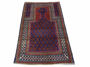 3x5 New Vintage Handmade Wool Rug Tribal Turkoman Balouch Prayer Rug Red Blue - Jewel Rugs