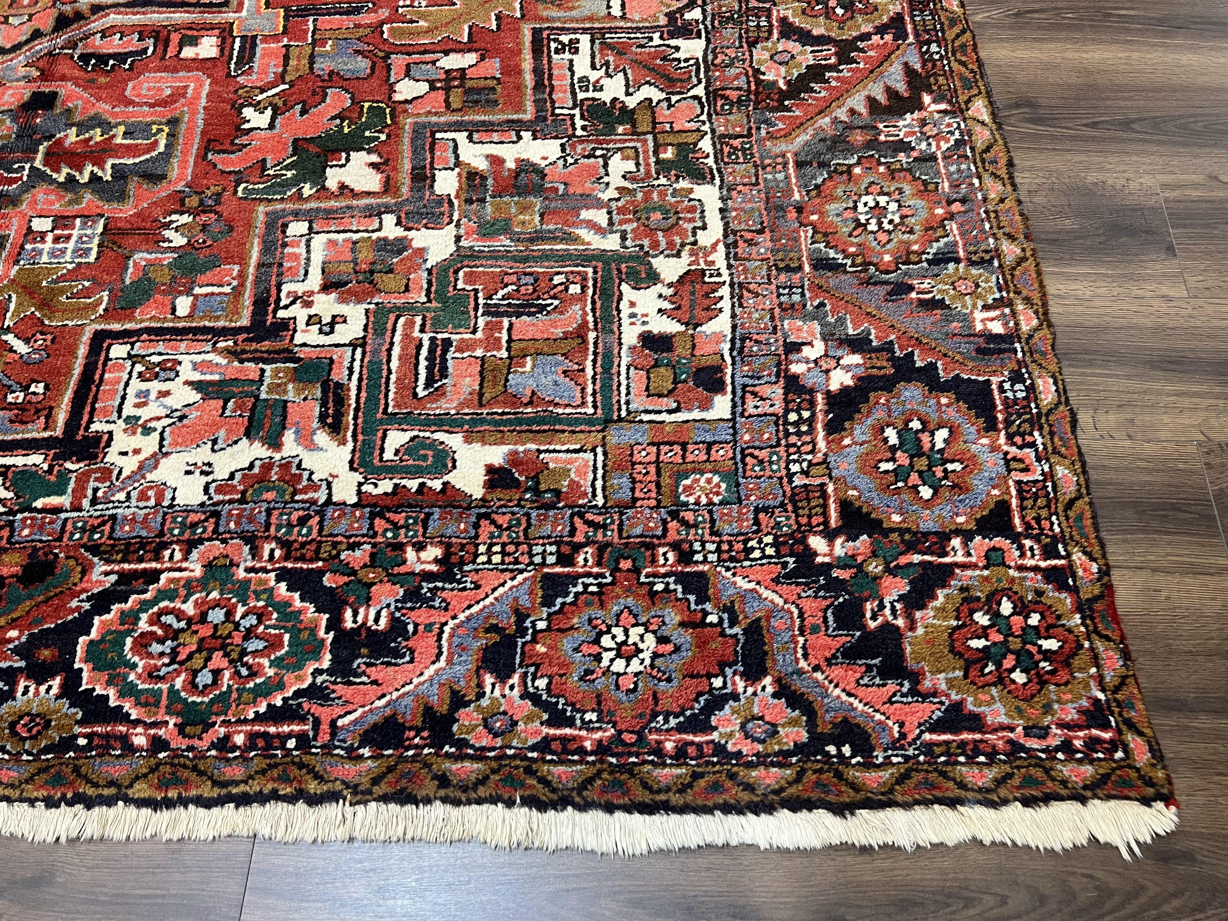 Persian Heriz Rug 8x12, Vintage Geometric Medallion Carpet, Semi Antique Wool Handmade Room Sized Oriental Rug 8 x 12, Red Dark Blue Ivory - Jewel Rugs