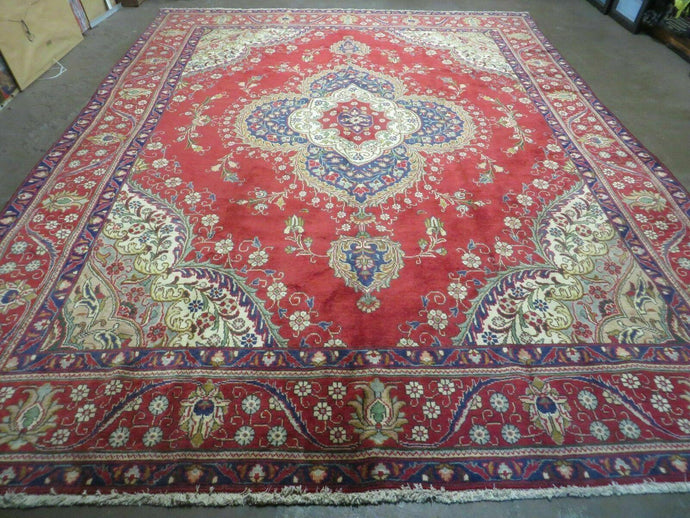 Persian Tabriz Rug 9x13 - Red Blue and Cream Rug - Floral Medallion Rug - Semi Open Field - Hand Knotted Rug - Antique Rug 9 x 13 Vintage Wool Rug - Jewel Rugs