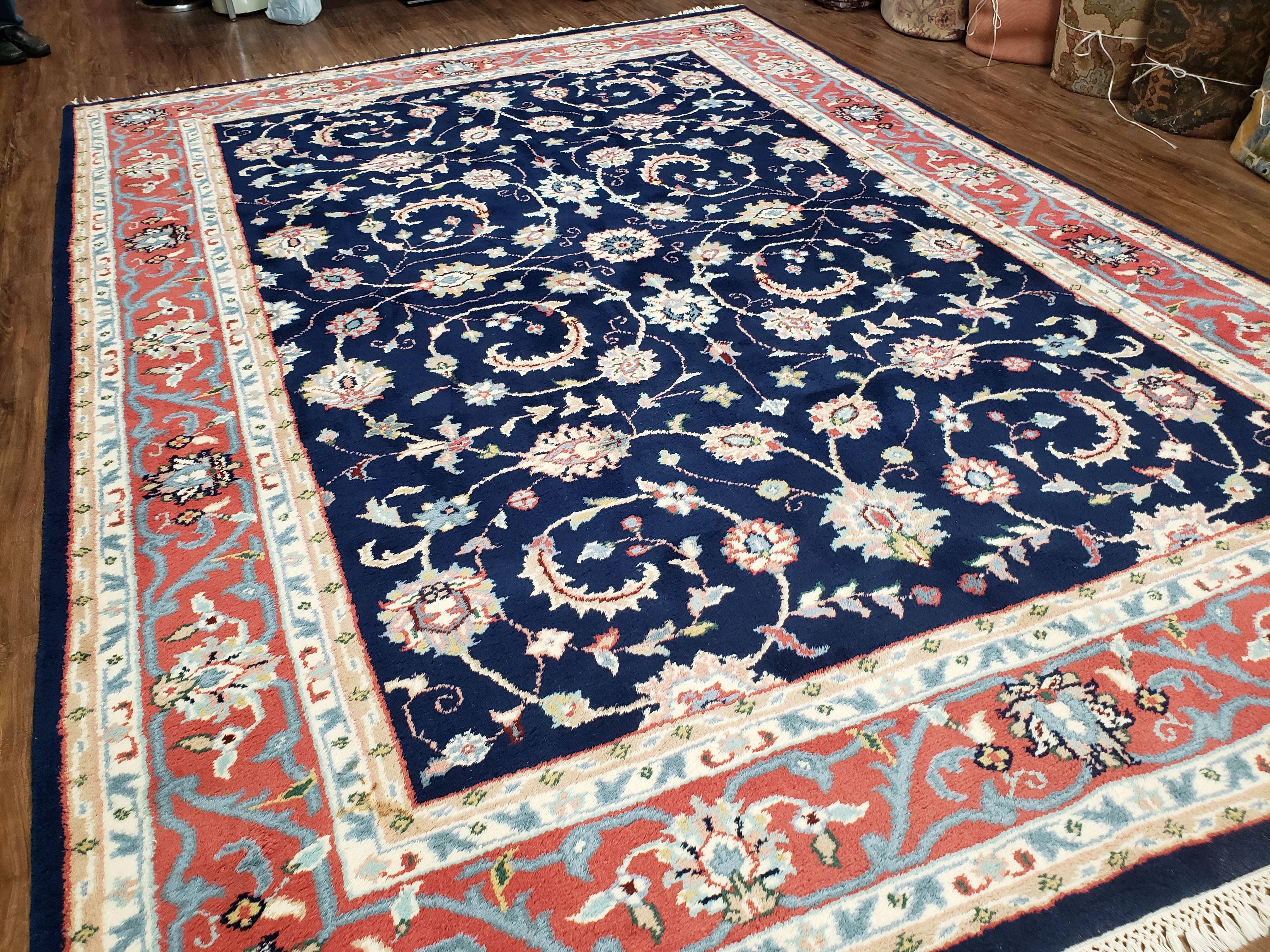 Vintage Indian Rug, Allover Floral Oriental Rug, Hand-Knotted, Wool, Dark Blue & Red, Indo Persian Rug, Allover Pattern, 8x11 Rug - Jewel Rugs