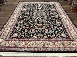 Pak Persian Rug 9x12, Floral Allover, Hand Knotted Oriental Carpet 9 x 12 ft, Black and Cream, Detailed, Wool with Silk Highlights, Vintage - Jewel Rugs