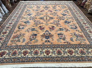 Large Indo Sarouk Rug 12x14, Vintage Indian Persian Rug 12 x 14 Oversized Hand Knotted Wool Oriental Carpet, Peach and Cream, Allover Floral - Jewel Rugs