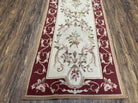 Needlepoint Runner 2.6 x 8 ft, French European Floral Vintage Rug, Beige/Cream Maroon Pink Flowers, Flatweave Runner 8 ft Long Hand Woven - Jewel Rugs