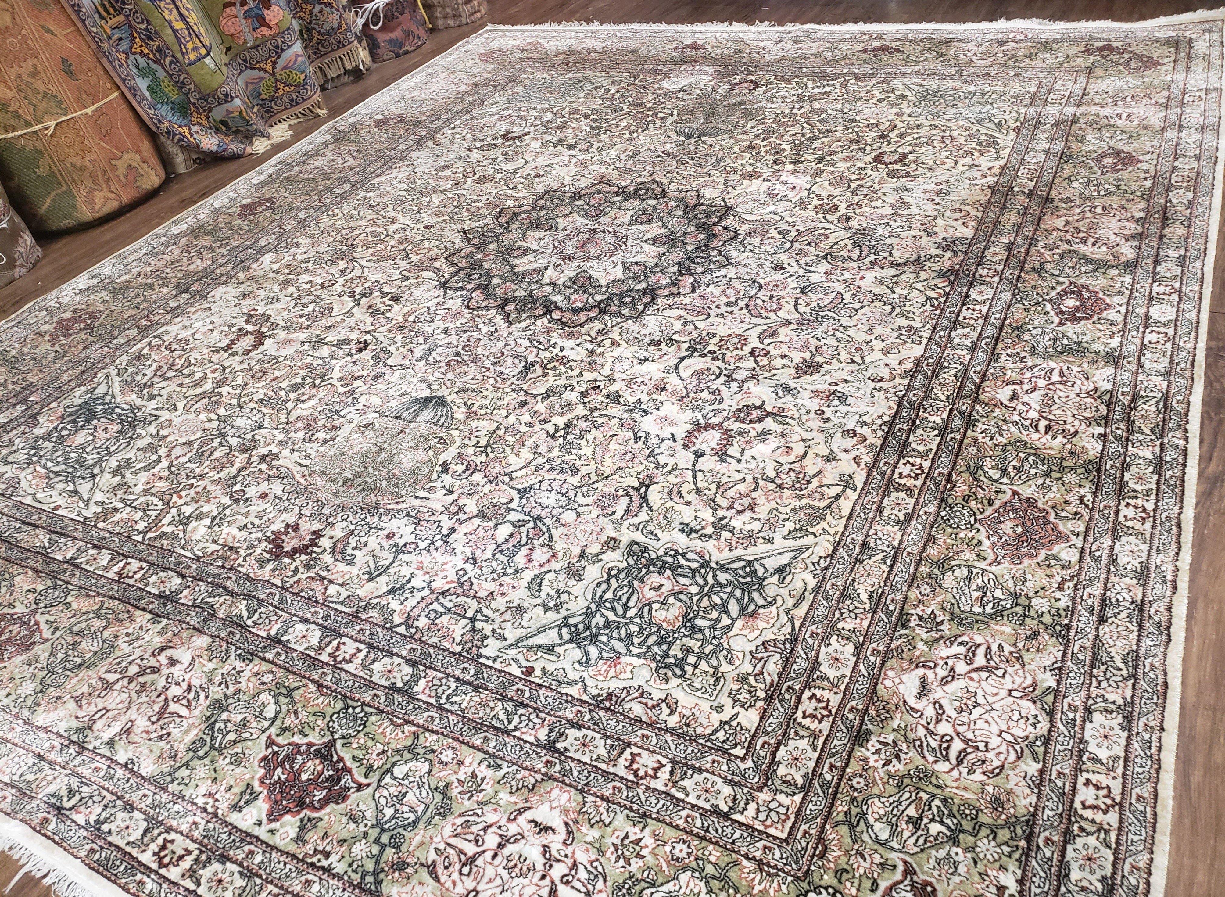 Vintage Indian Room Sized Silk Rug 8x10, Indo Kashmiri Carpet, Hand-Knotted Persian Oriental Carpet, Floral Medallion Allover Pattern, Ivory - Jewel Rugs